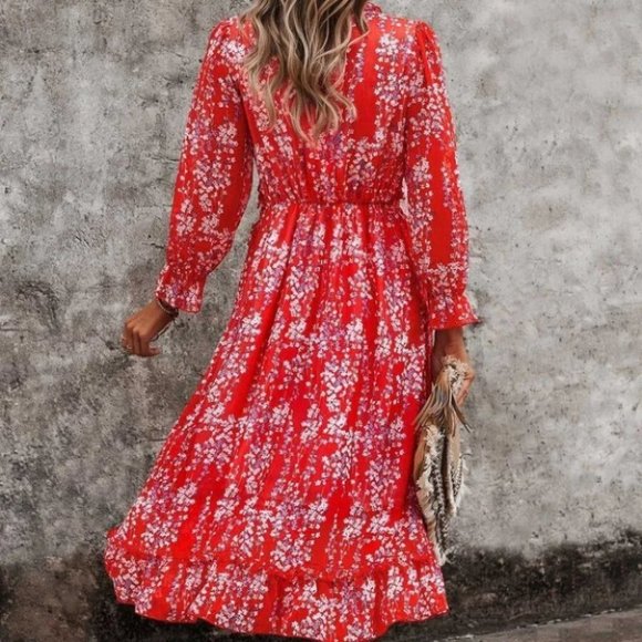 Red Floral Ditsy Ruffle Hem Dress Shabby Chic Cottagecore - Picture 3 of 5